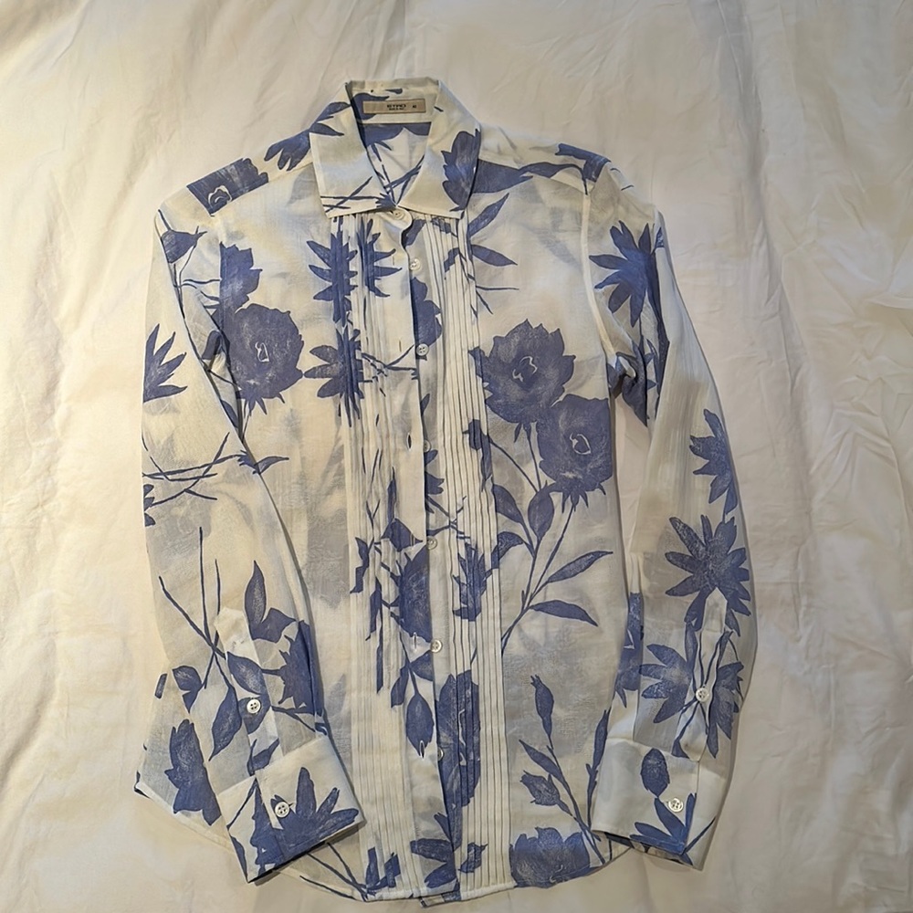 ETRO Tuxedo style slightly transparent cream and blue blouse.